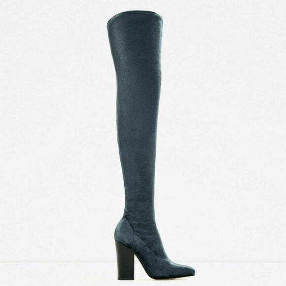 ZARA Over the Knee Boots Stretch Velvet Pointed Toe Block High Heel Blue/ Gray - Picture 5 of 15